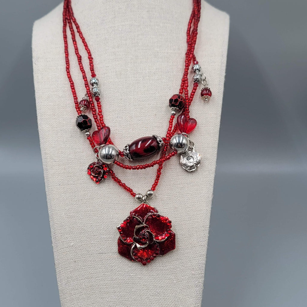 Red Bead Triple Layer Necklace Silver tone Statement Flower Pendant 20"+