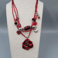 Red Bead Triple Layer Necklace Silver tone Statement Flower Pendant 20"+