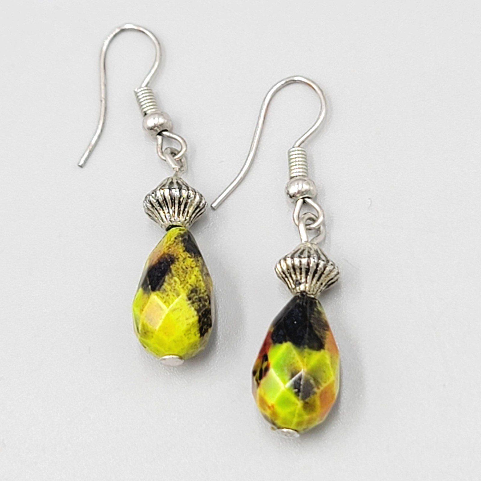 Green Orange Stone Pierced Earrings Faceted Teardrop Bead Silver tone Dangle 1"