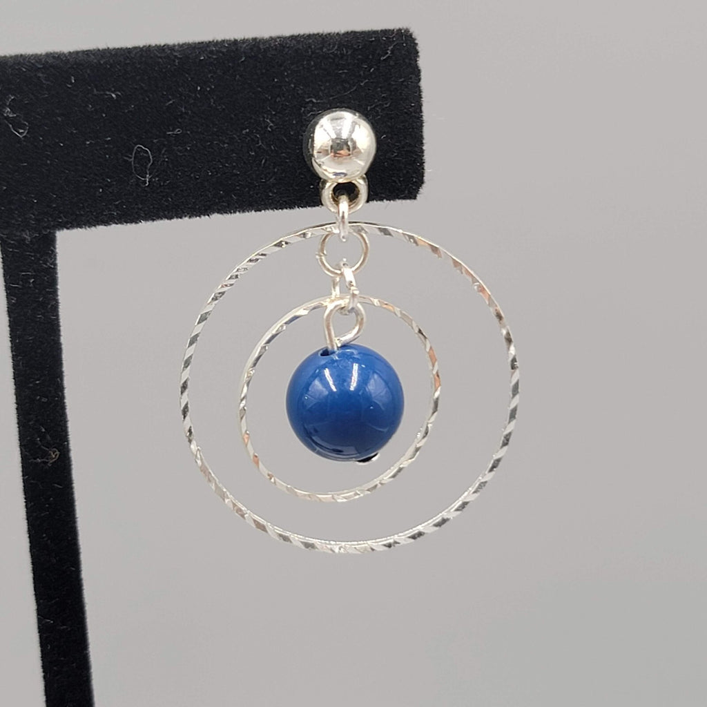 Dangle Circles Pierced Earrings Silver tone Blue Bead 1.25"