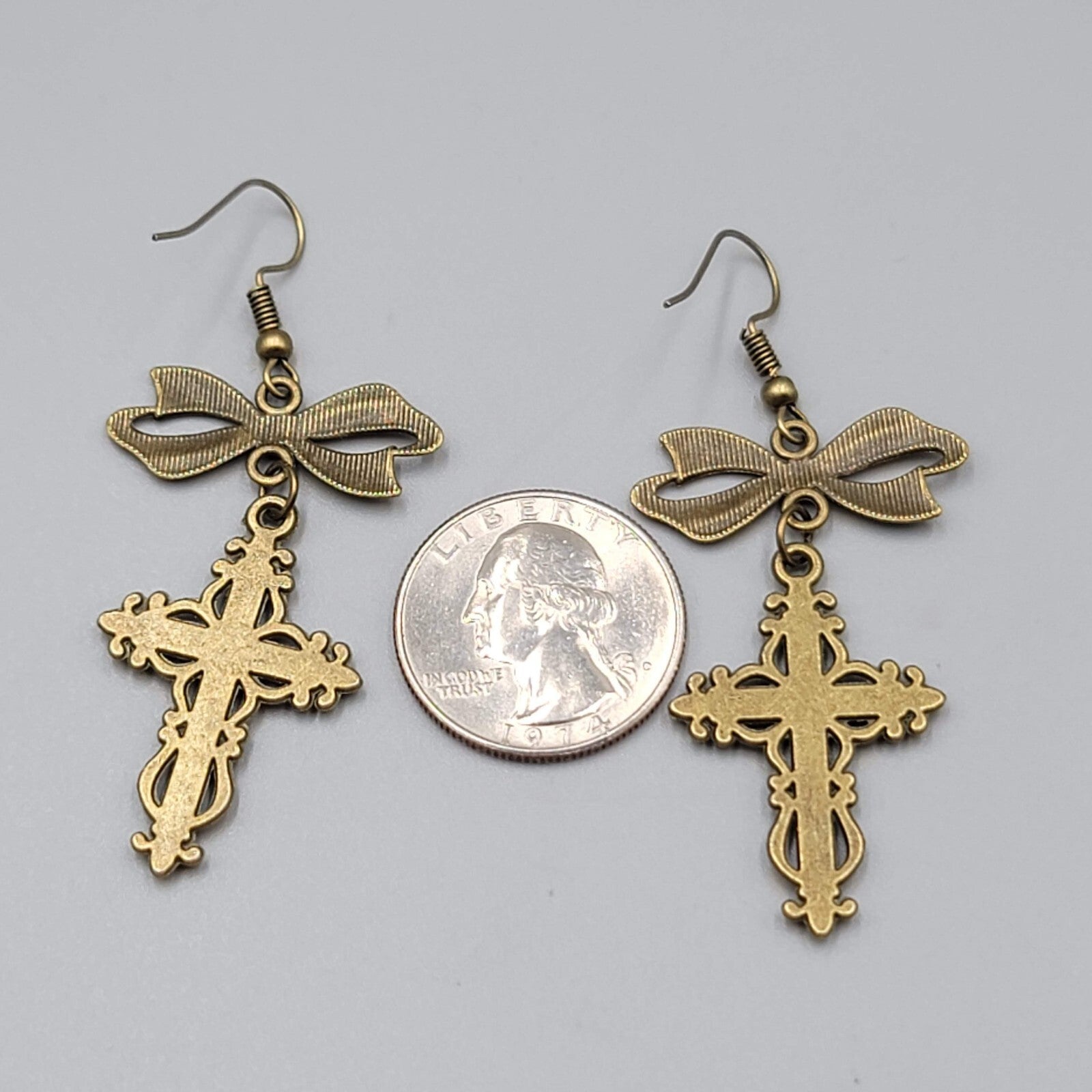 Cross Pierced Earrings Bronze tone Long Bow Dangle New 1.75"