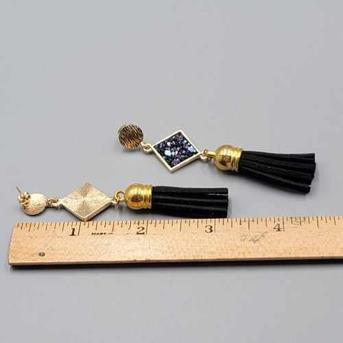 Black Tassel Pierced Earrings Gold tone Dangle 3"