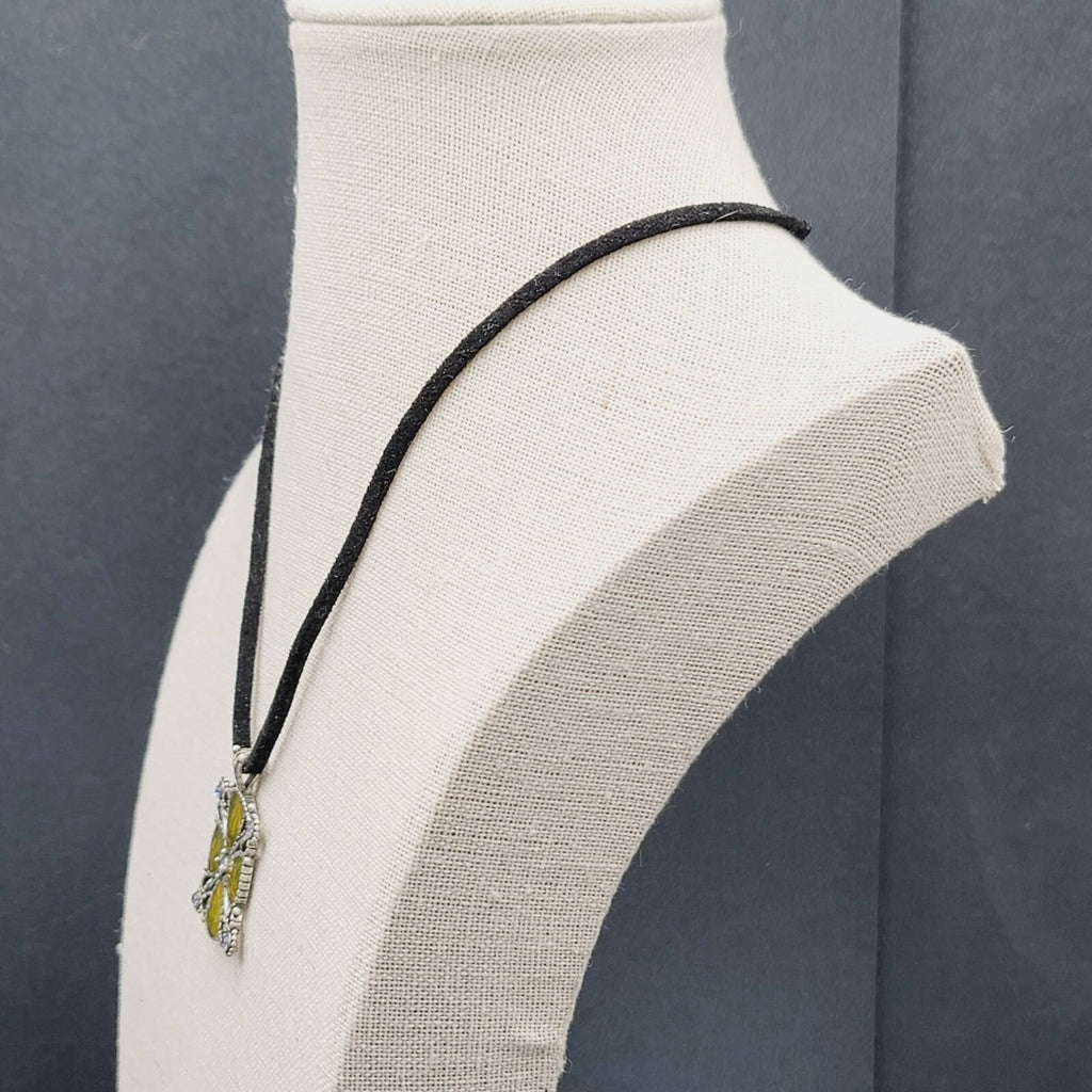 Lia Sophia Pendant Necklace Silver tone Crystal Suede Leather Cord 16"-19"