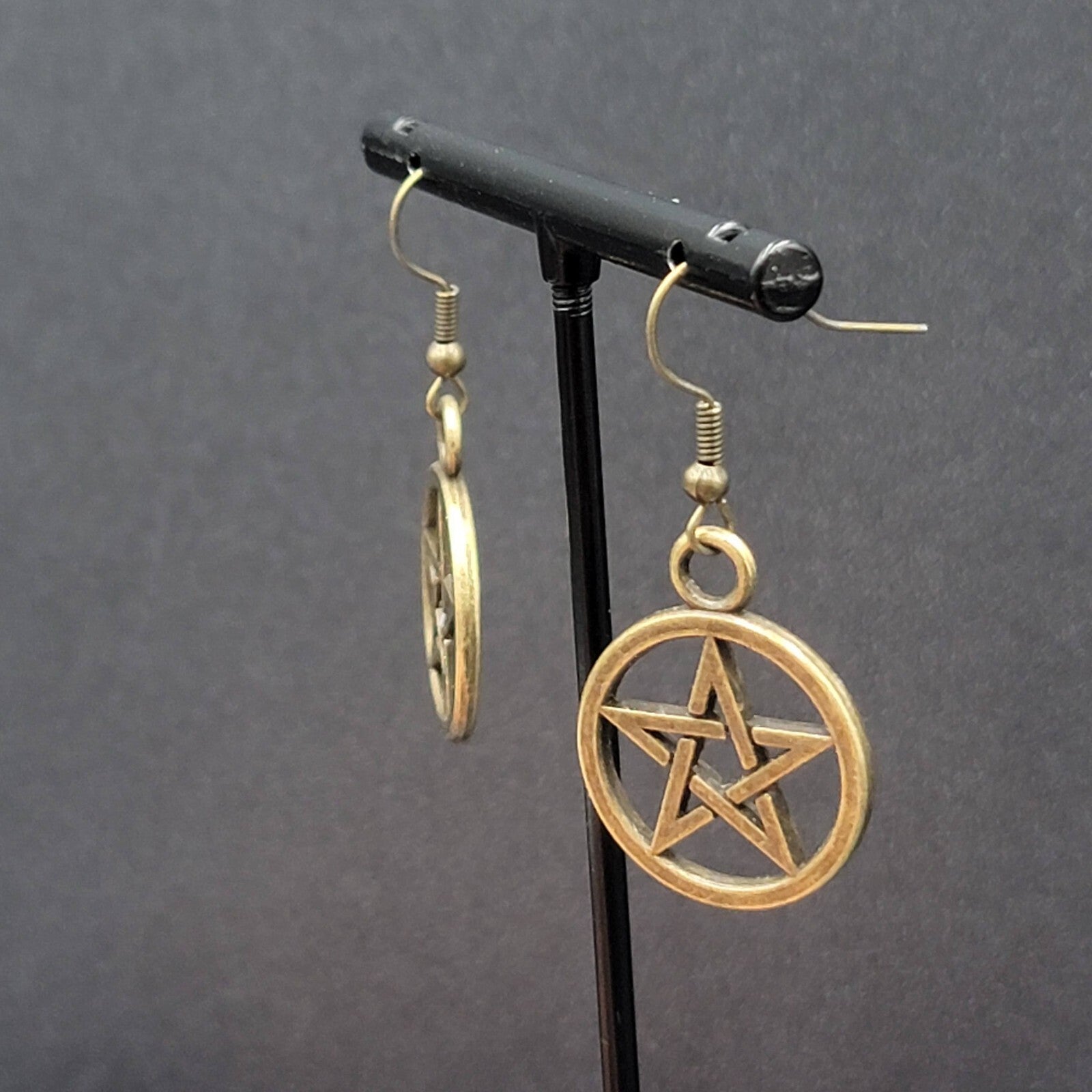 New Pentagram Pierced Earrings Pentacle Star Bronze tone Dangle 1"