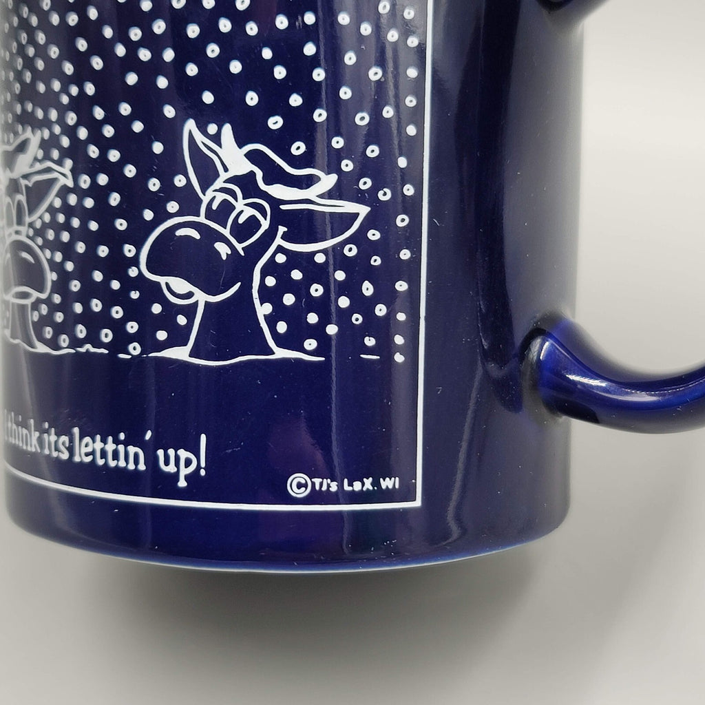 Vintage TJs Lax Coffee Mug Dark Blue Snowing Cows Funny