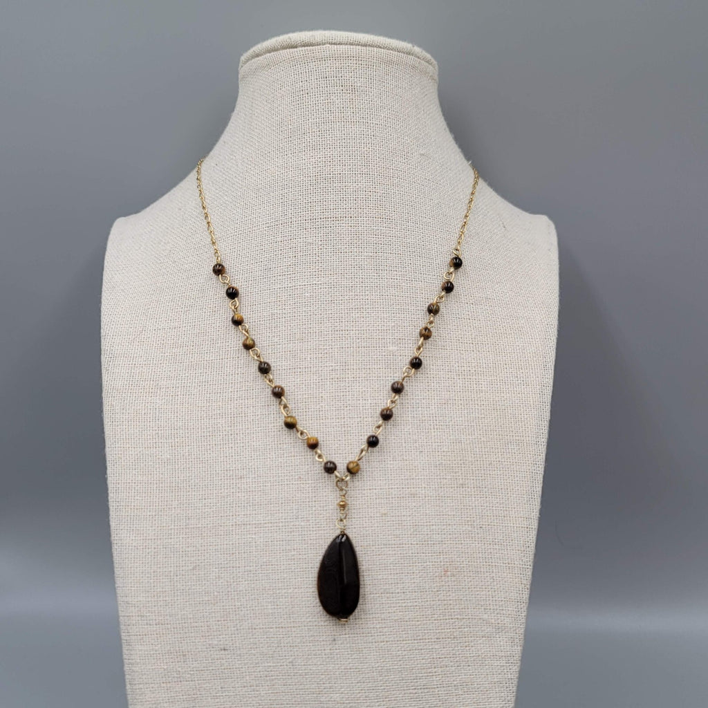 Nygard Tigers Eye Bead Necklace Gold tone Chain 16"-18"