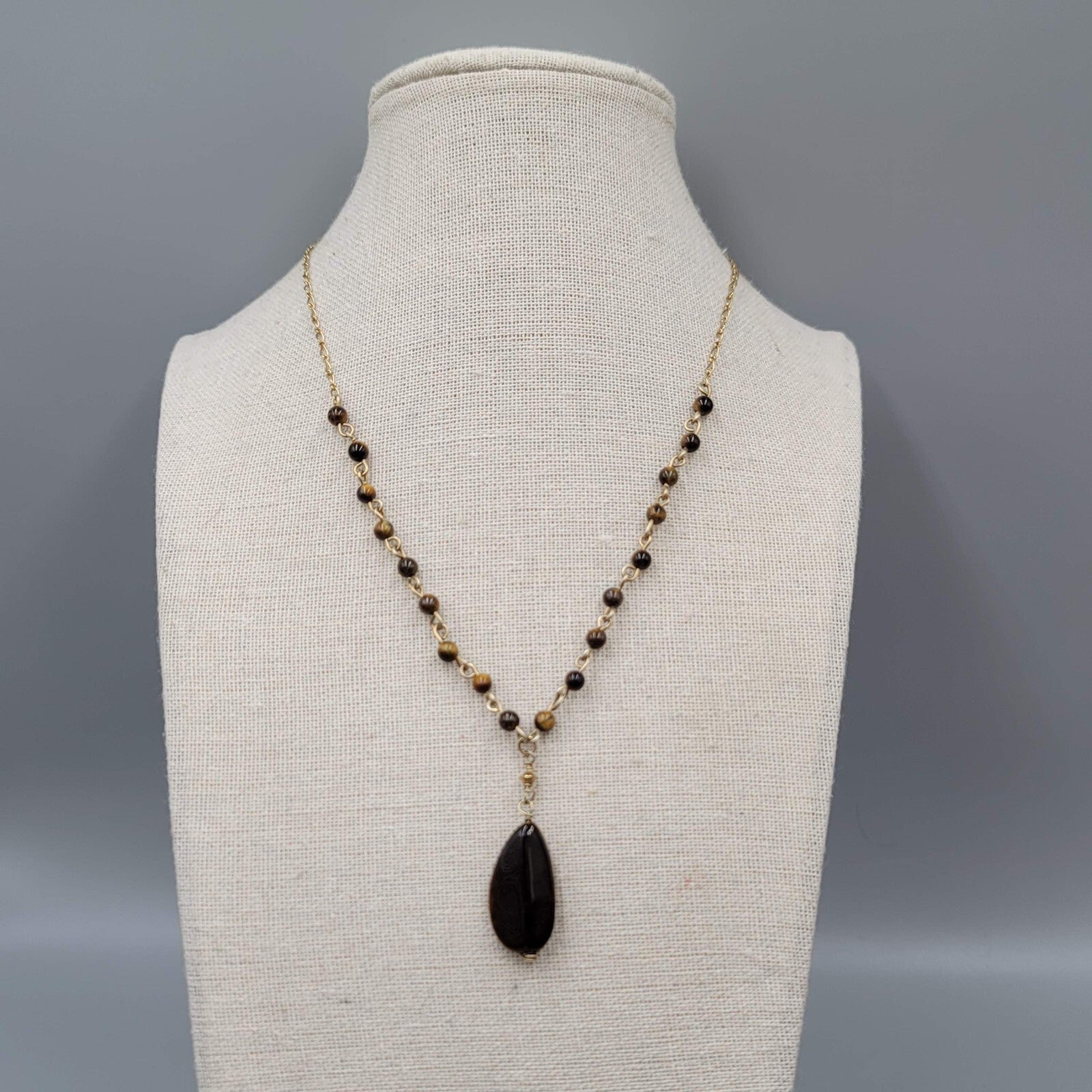 Nygard Tigers Eye Bead Necklace Gold tone Chain 16"-18"