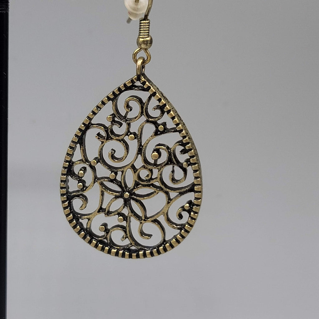 Pierced Earrings Bronze tone Filigree Teardrop Dangle 1.5"