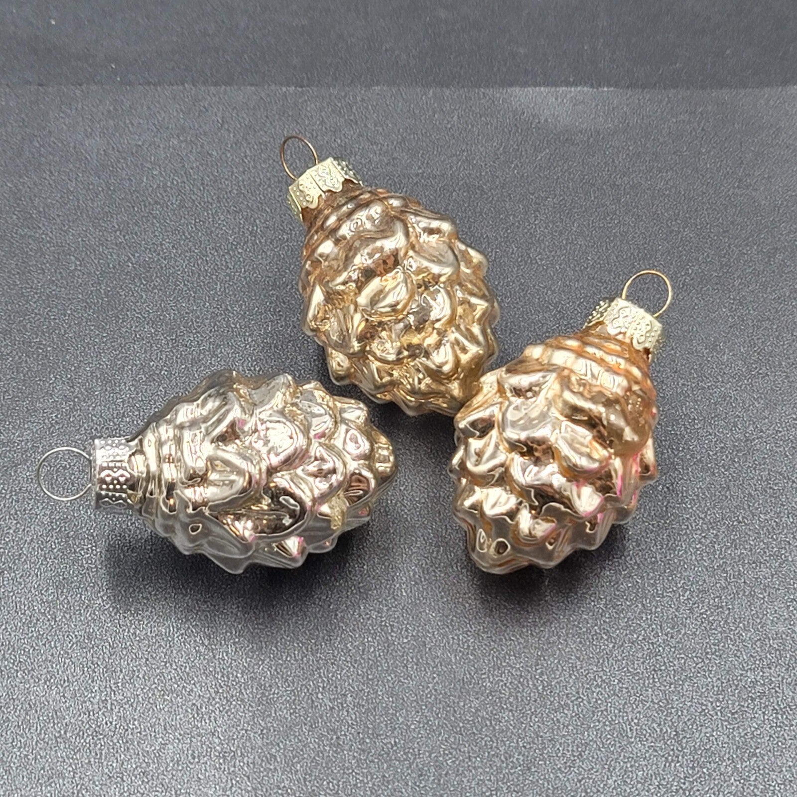 Lot of 3 Blown Glass Christmas Ornaments Silver Small  Pinecones 2"