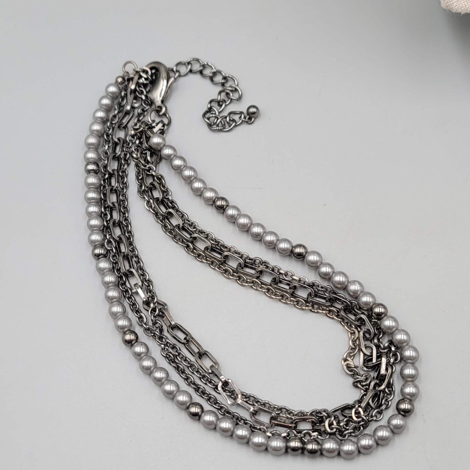 Black Metal Chains Gray Faux Pearl Necklace  Multi Strand 16"-19"