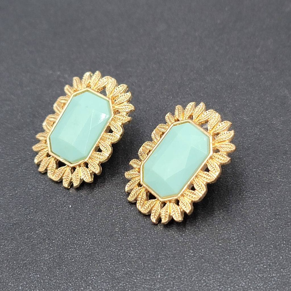 Pierced Earrings Gold tone Light Green Acrylic Rectangle Drop 1 1/8"