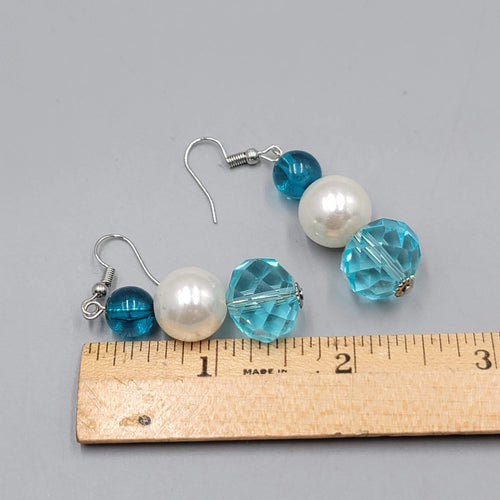 Blue Class Bead Pierced Earrings Imitation Pearl Silver tone Dangle  1.5"