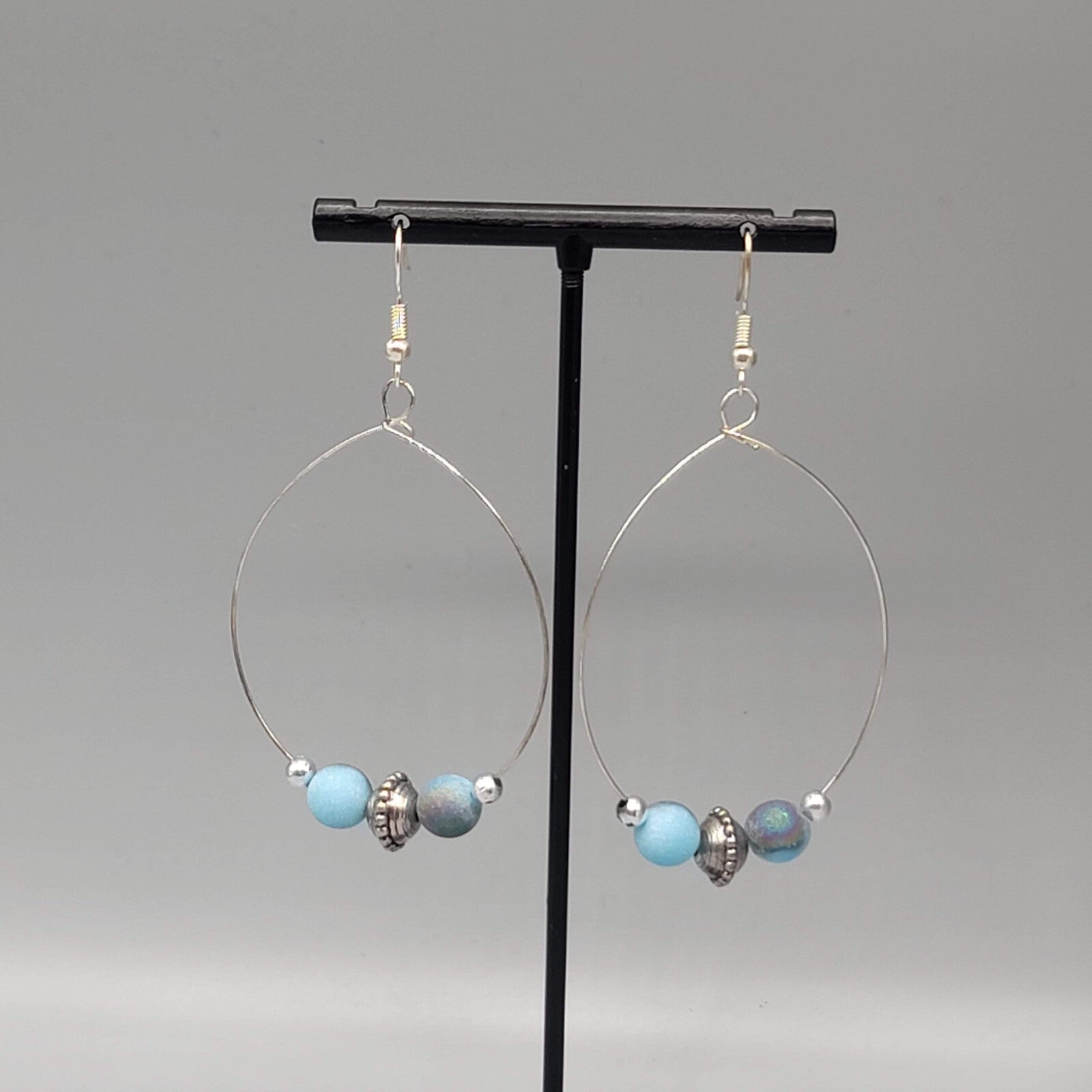 Pierced Earrings Silver tone Multicolor Blue Beads Hoops 2"