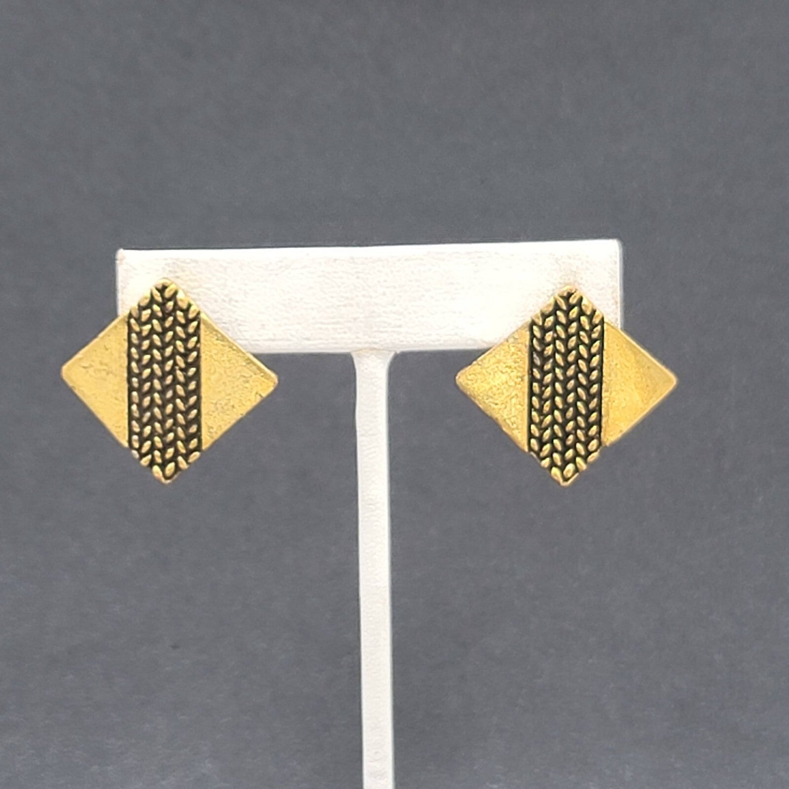 Pierced Earrings Antiqued Gold tone Brutalist Square Drop 1"