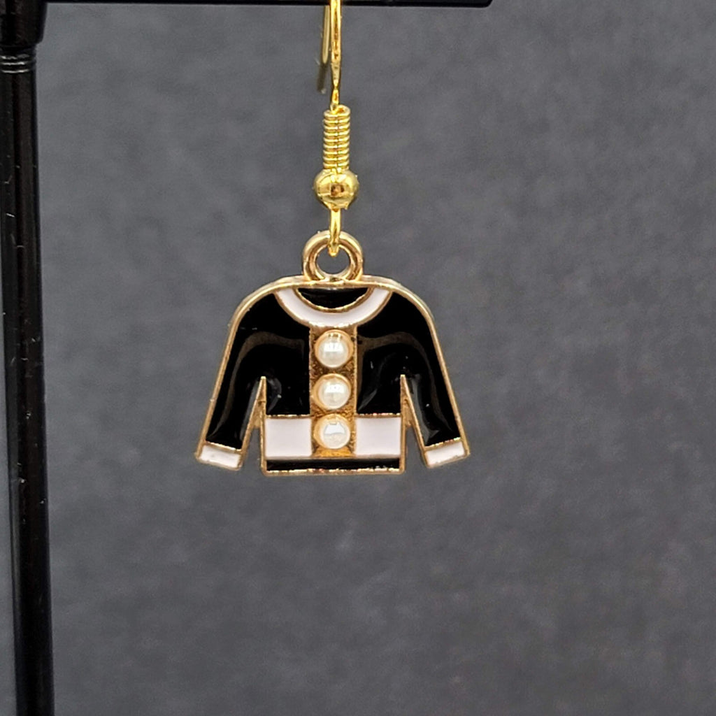 Fashion Sweater Pierced Earrings Gold tone Black Enamel Dangle 5/8"