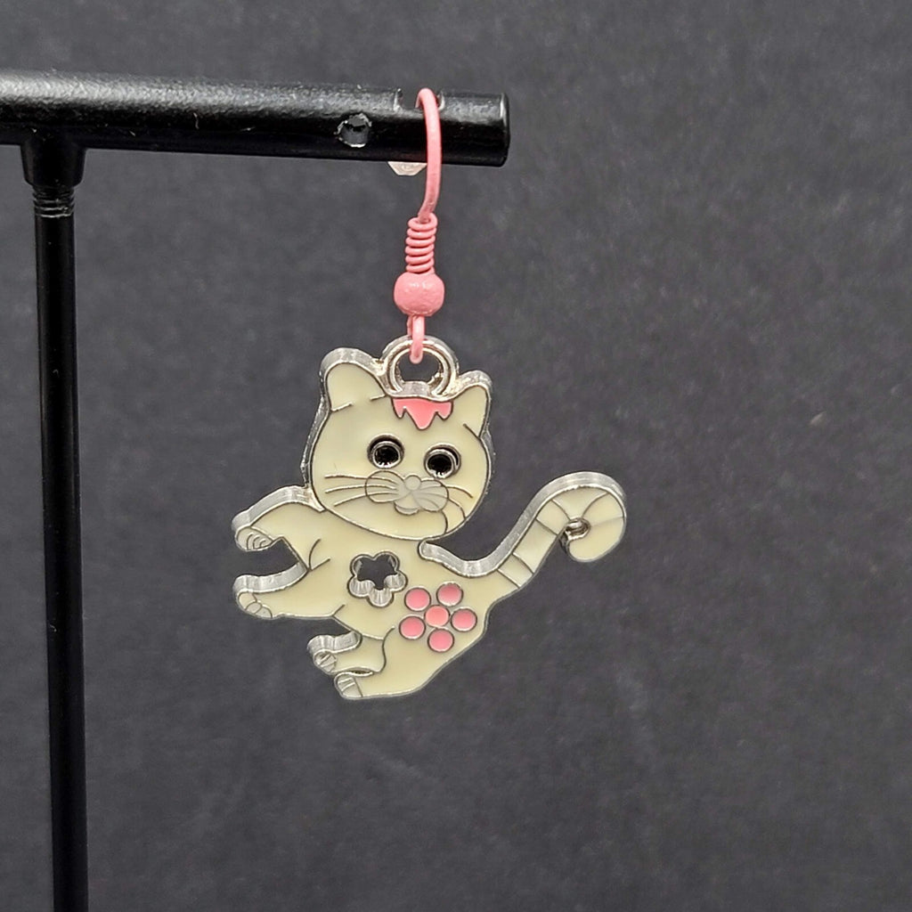 Pierced Earrings Pink White Enamel Kitty Cat Dangle Silver tone  1 1/8"