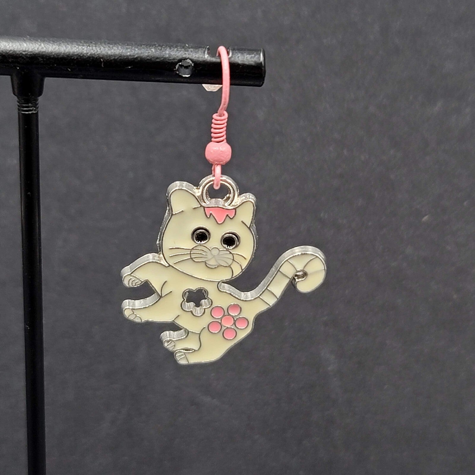 Pierced Earrings Pink White Enamel Kitty Cat Dangle Silver tone  1 1/8"