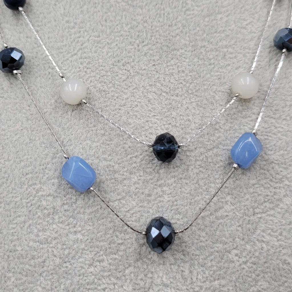 LOFT Blues White Glass Station Necklace Double Chain Silver tone 18"