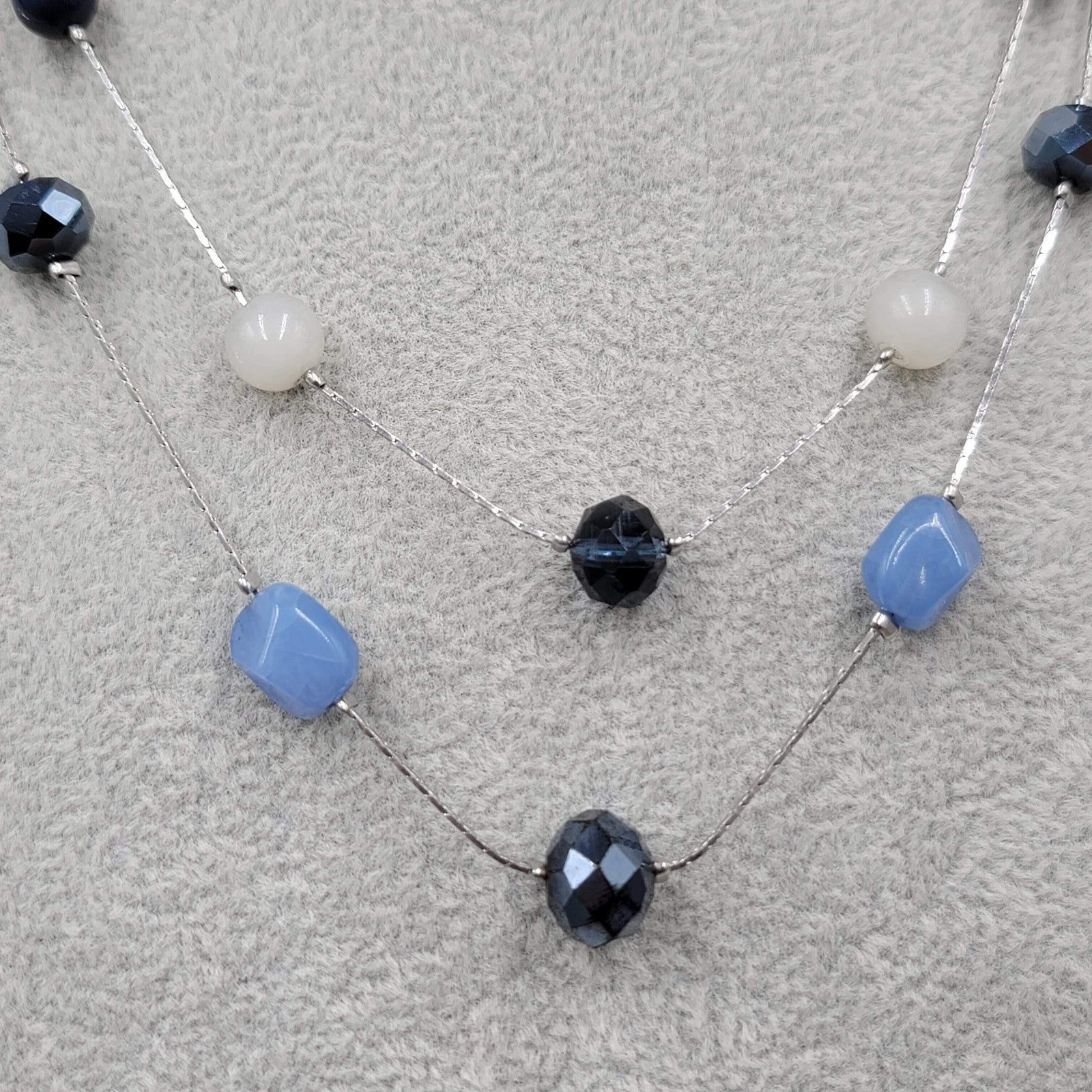LOFT Blues White Glass Station Necklace Double Chain Silver tone 18"