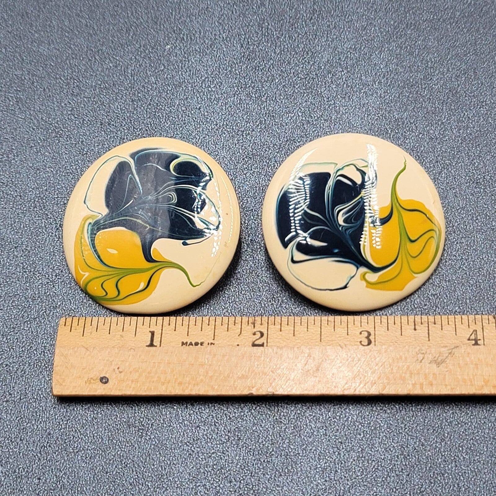 Vintage Pierced Earrings Large Round Yellow Blue Cream Enamel 1.75"