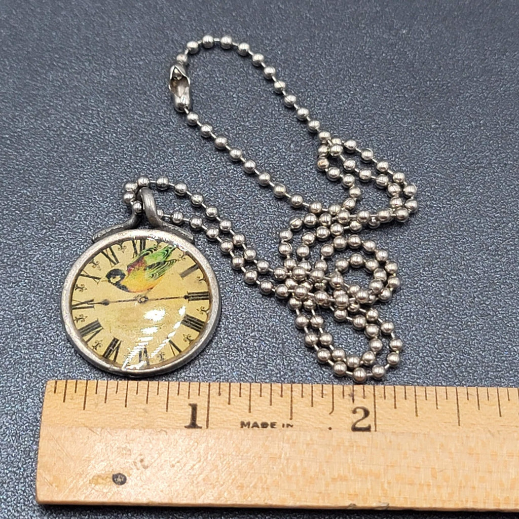Necklace Signed Isabella Silver tone Bird Clock Pendant Ball Chain 18"