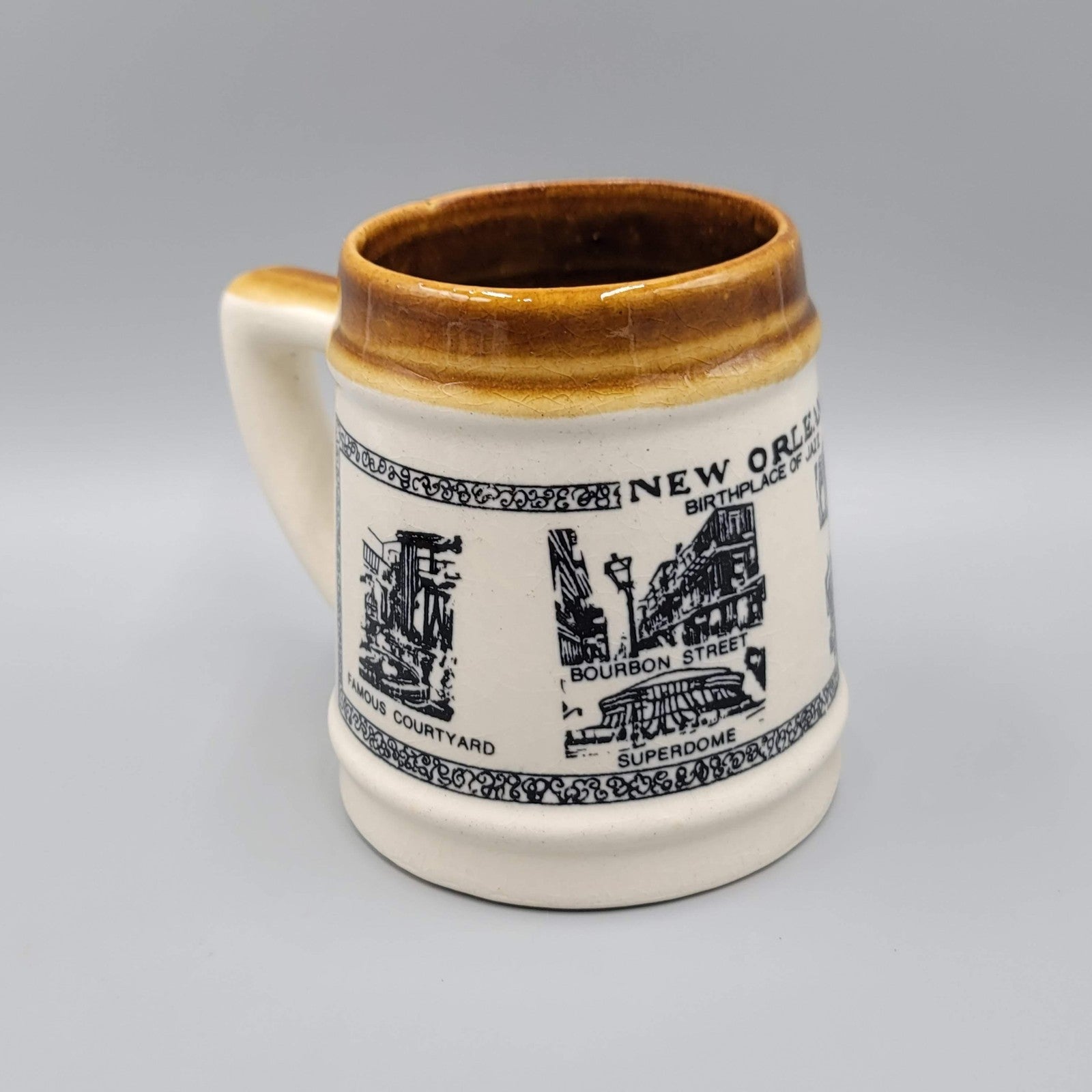 Vintage New Orleans CoffeeMug Brown Glaze Souvenir Landmarks Bourbon Street Jazz