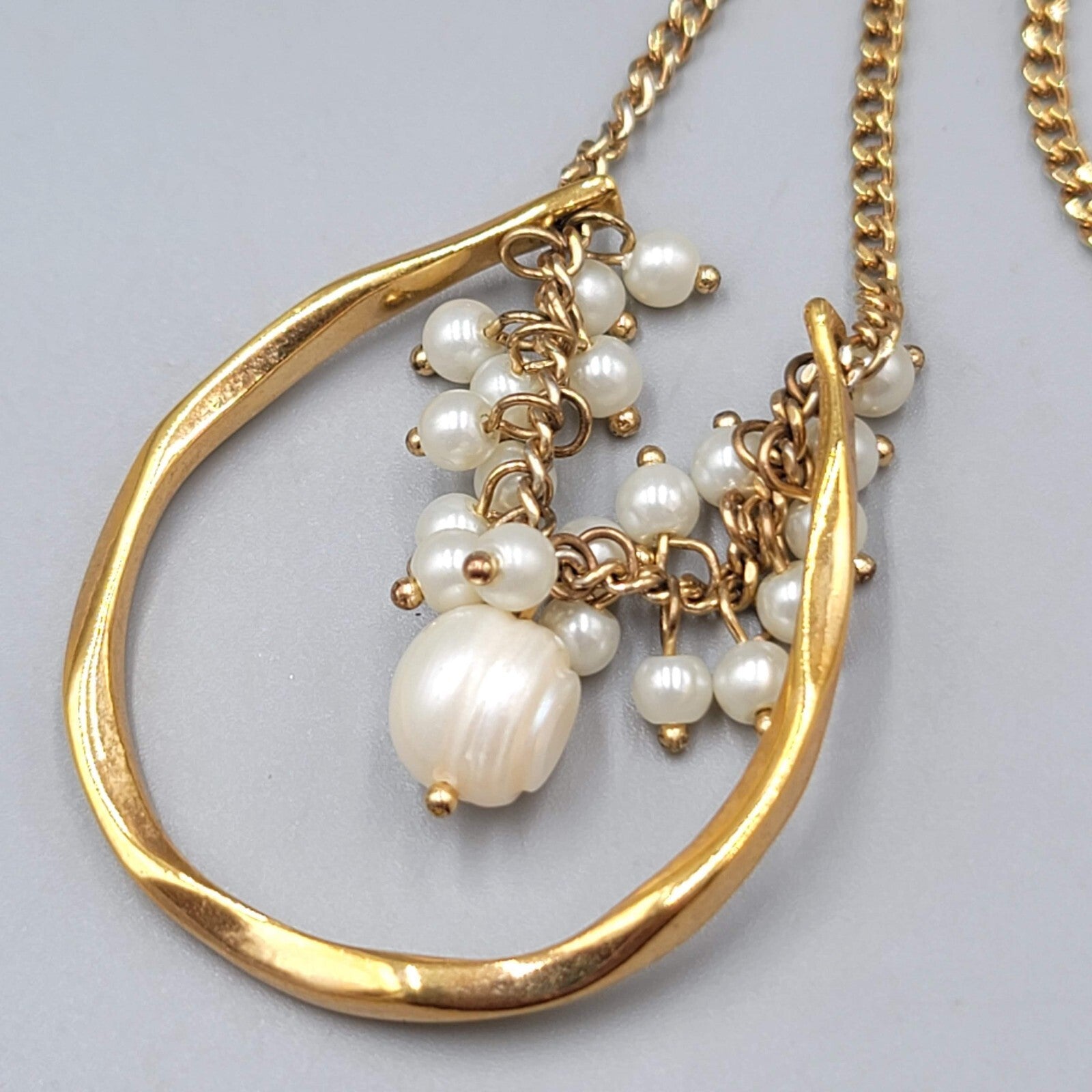 Real Pearl Pendant Cluster Open Pendant Necklace Gold tone 18"