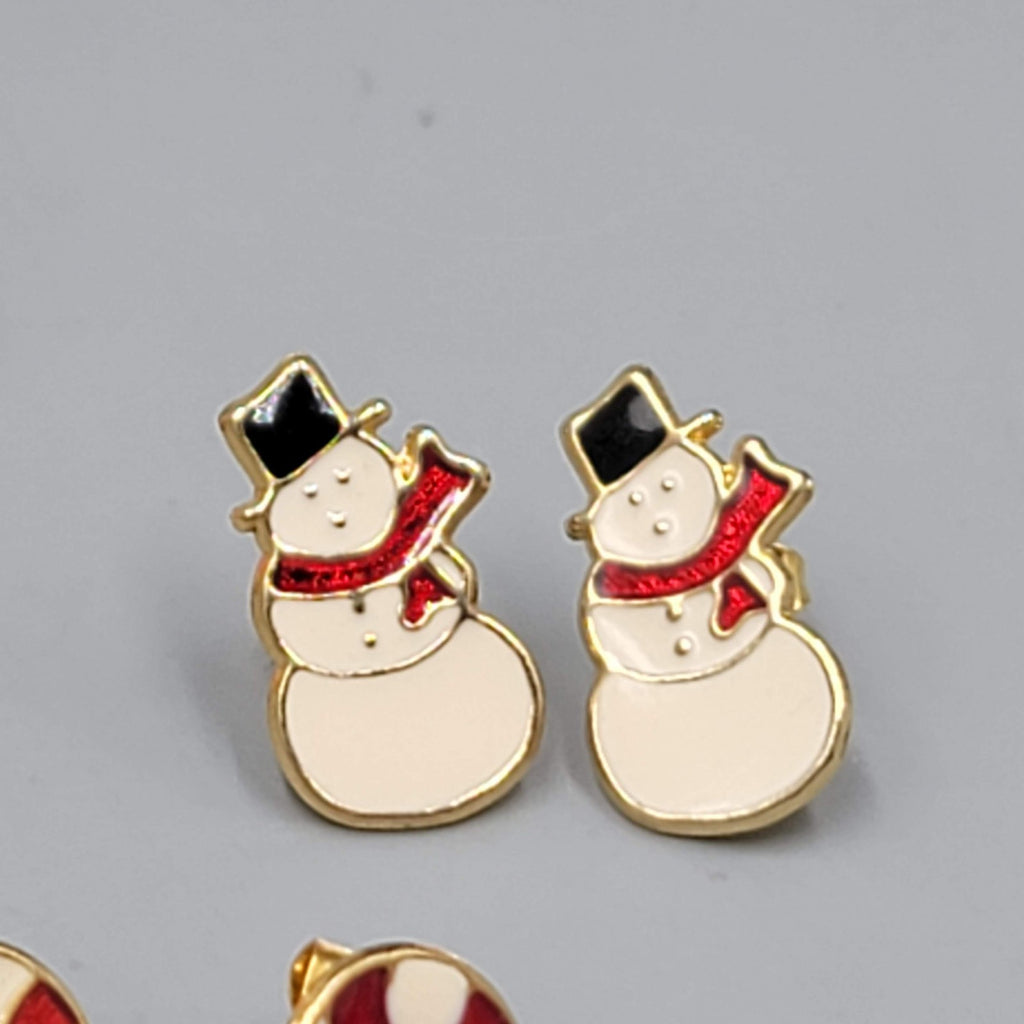 Christmas Pierced Earrings Gold tone Drop Poinsettia Snowman Candy cane Lot of 3