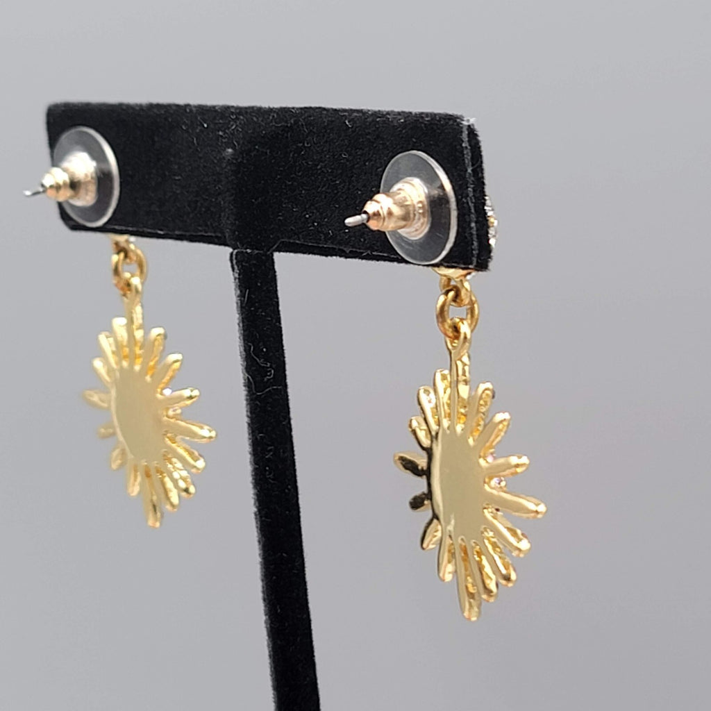Pierced Earrings Gold tone Multicolor Crystal Starburst Sun Dangle 1.75"