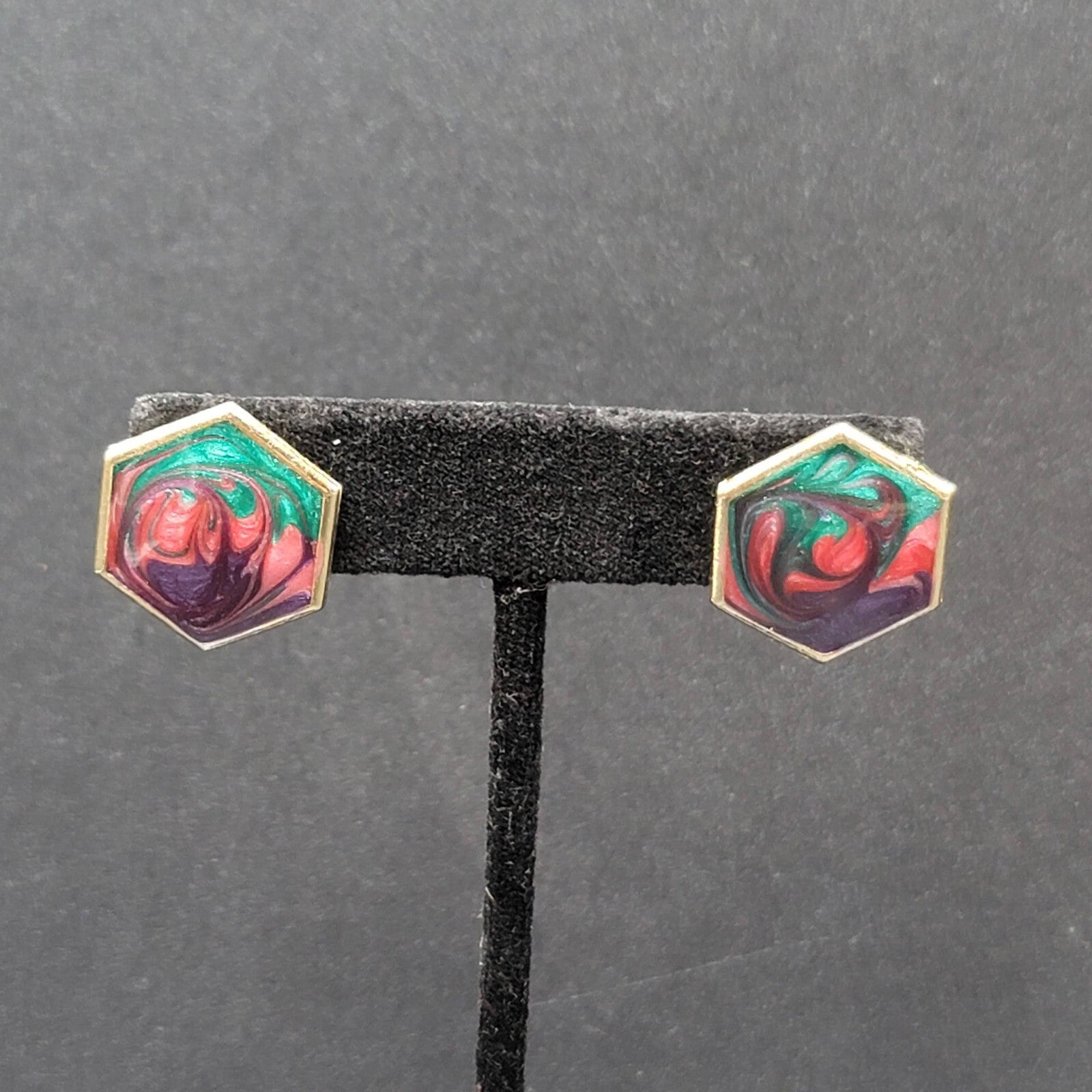 Vintage Pierced Earrings Gold Plated Swirl Enamel Hexagon Studs  3/4"
