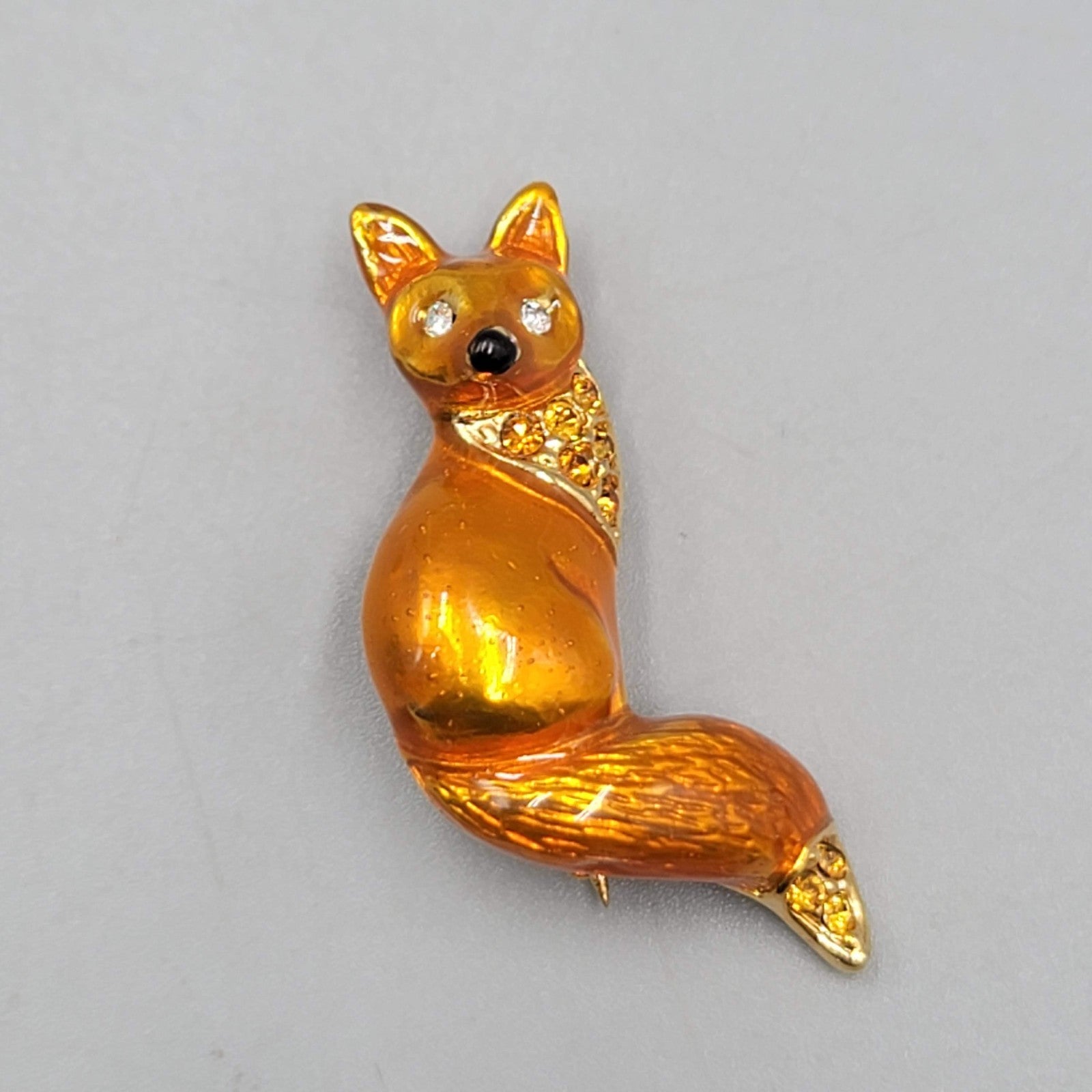 Fox Enamel Brooch Rhinestone Forest Friend Animal Gold tone  1.5"