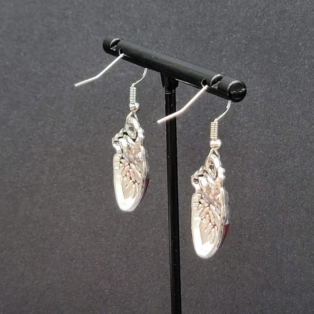 New Anatomical Heart Pierced Earrings Silver tone Red Goth Rock Dangle 1"