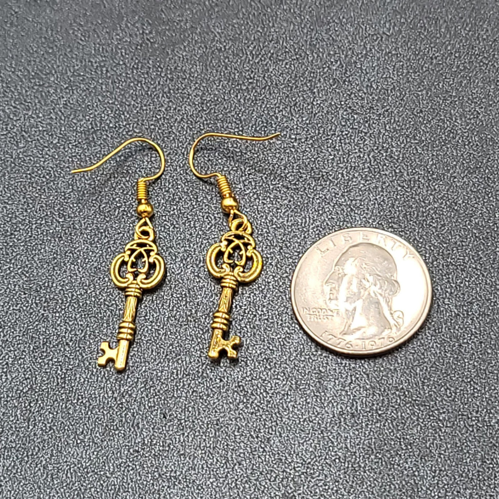 Skeleton Key Pierced Earrings Gold Plated Dangle 1"