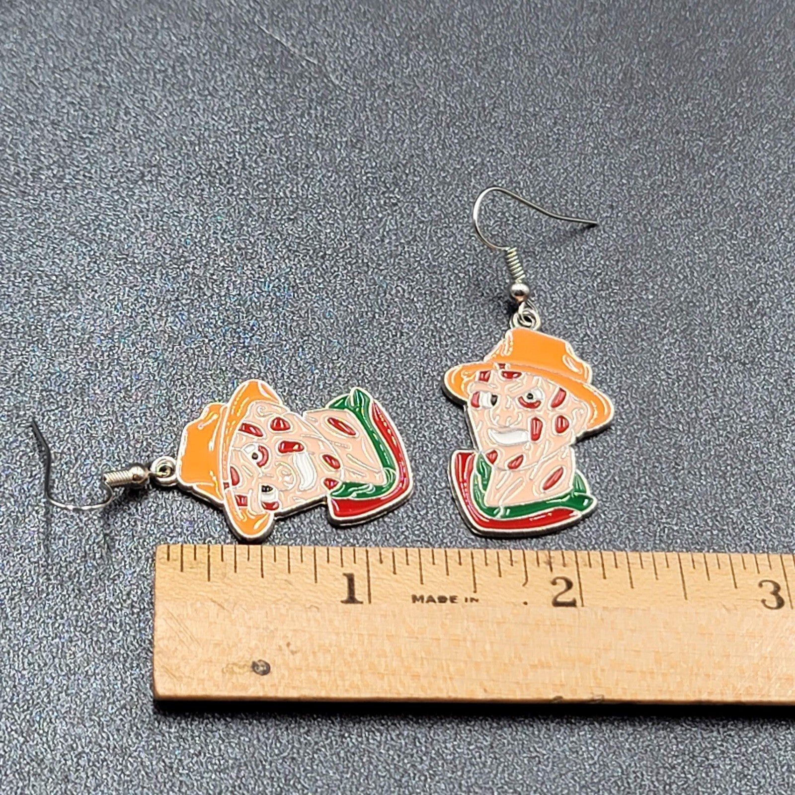 Freddy Krueger Pierced Earrings Enamel Silver tone Horror Movie Dangle 1.25" FS