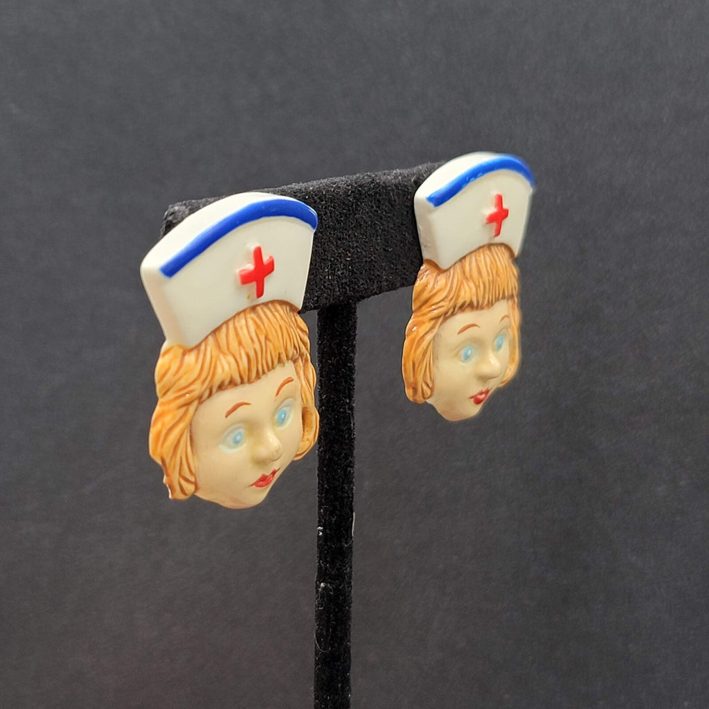 Vintage Pierced Earrings Acrylic Nurse Face Medical Fun Gift 1 3/8"