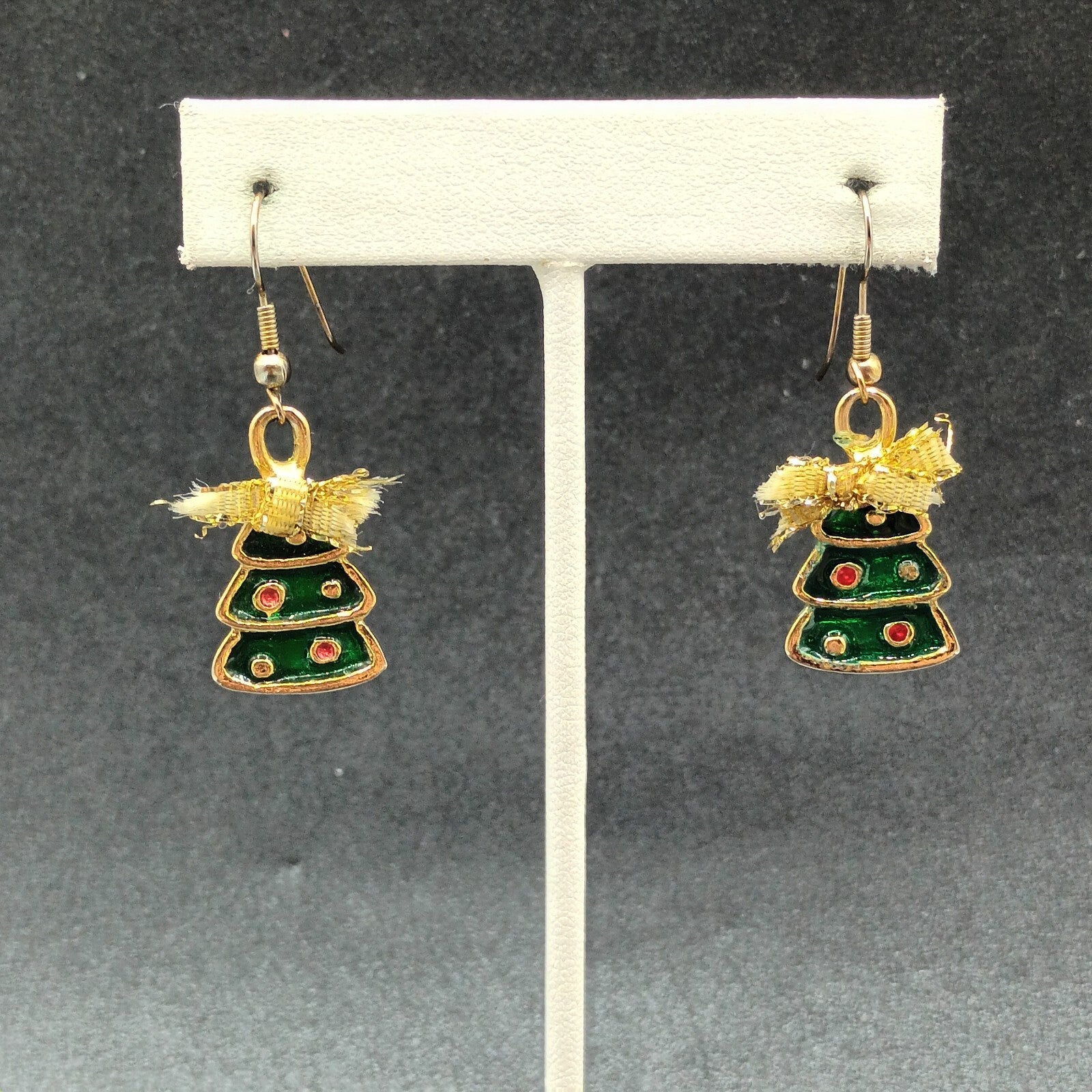 Pierced Earrings Gold tone Green Enamel Christmas Tree Bow Dangle 1"