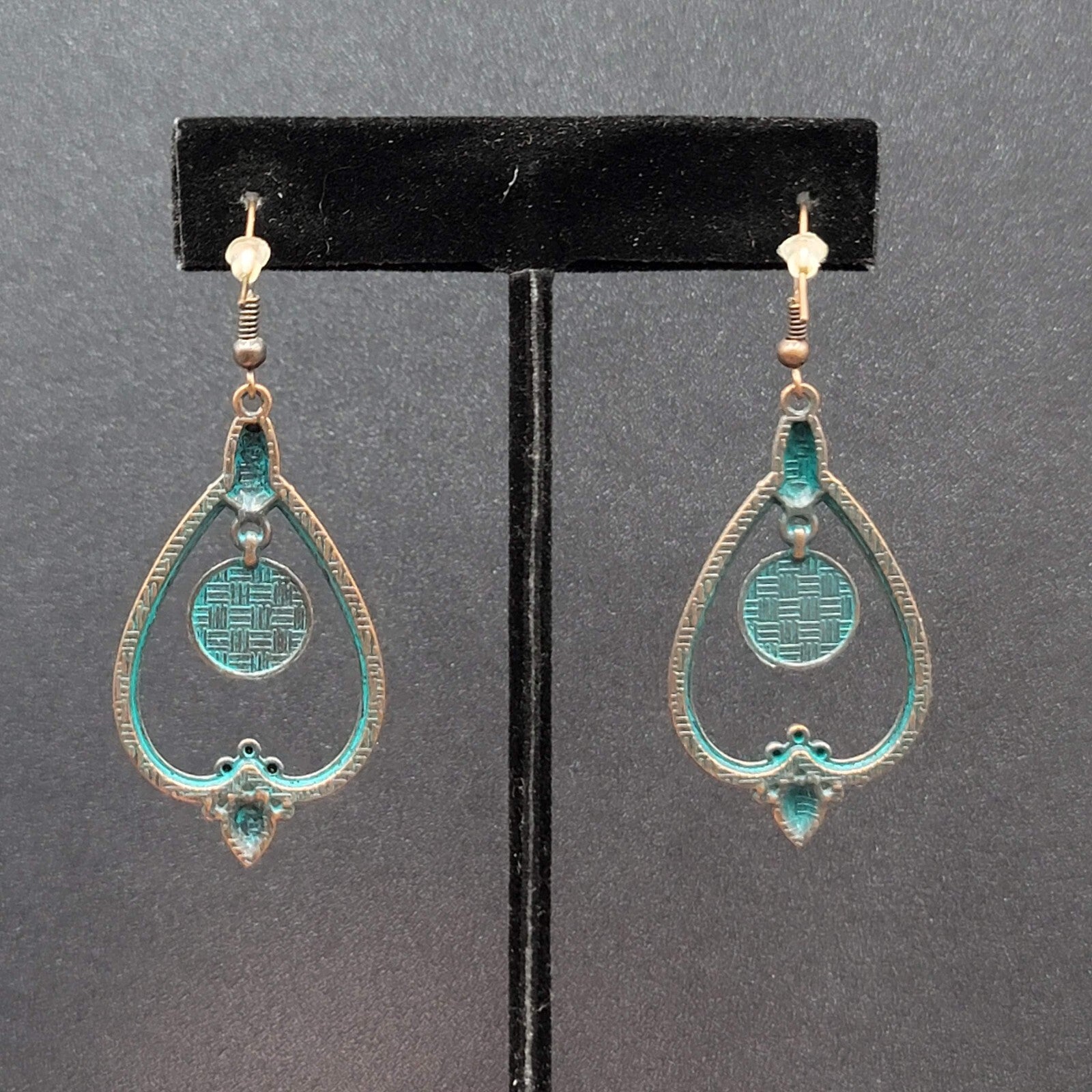 New Boho Pierced Earrings Copper tone Green Enamel Faux Turquoise Dangle 1.75"