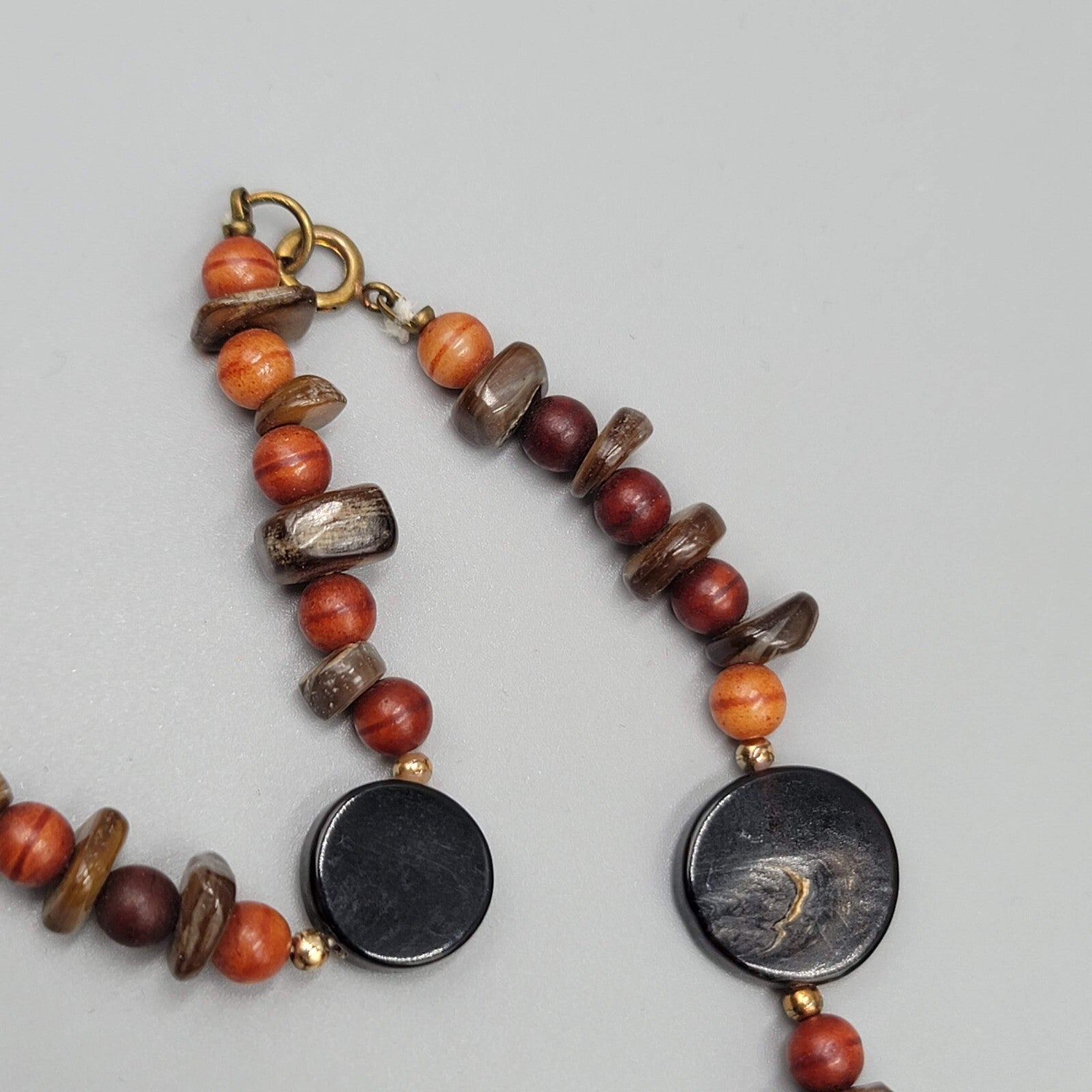 Stone Bead Necklace Abalone Shell Brown Orange Red Long 32"