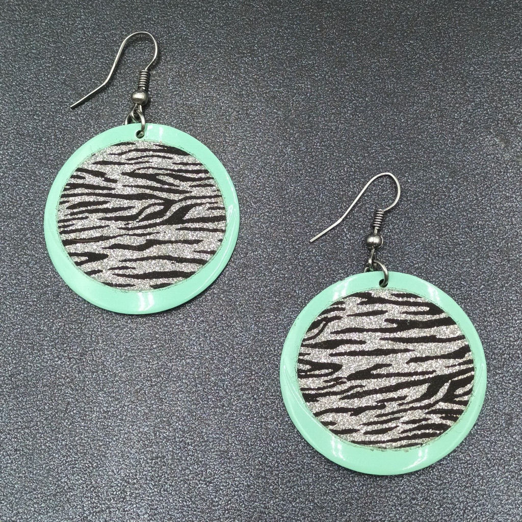 Pierced Earrings Seafoam Sparkle Zebra Print Enamel Round Dangle 1 1/2"