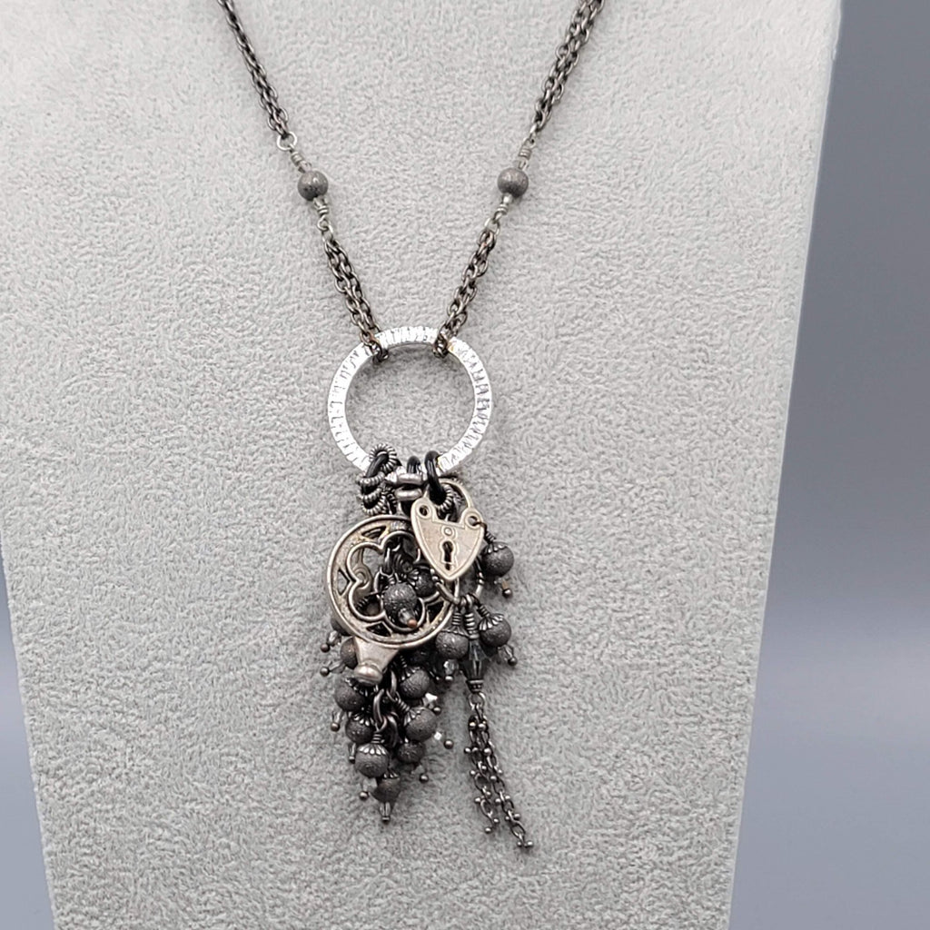 Tassel Charm Pendant Necklace Gunmetal Gray Black Metal Long 38"