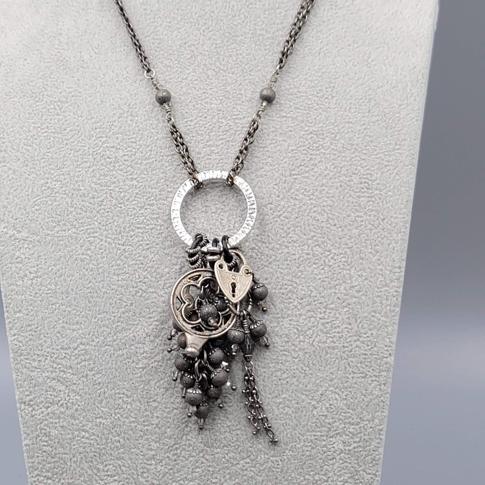 Tassel Charm Pendant Necklace Gunmetal Gray Black Metal Long 38"