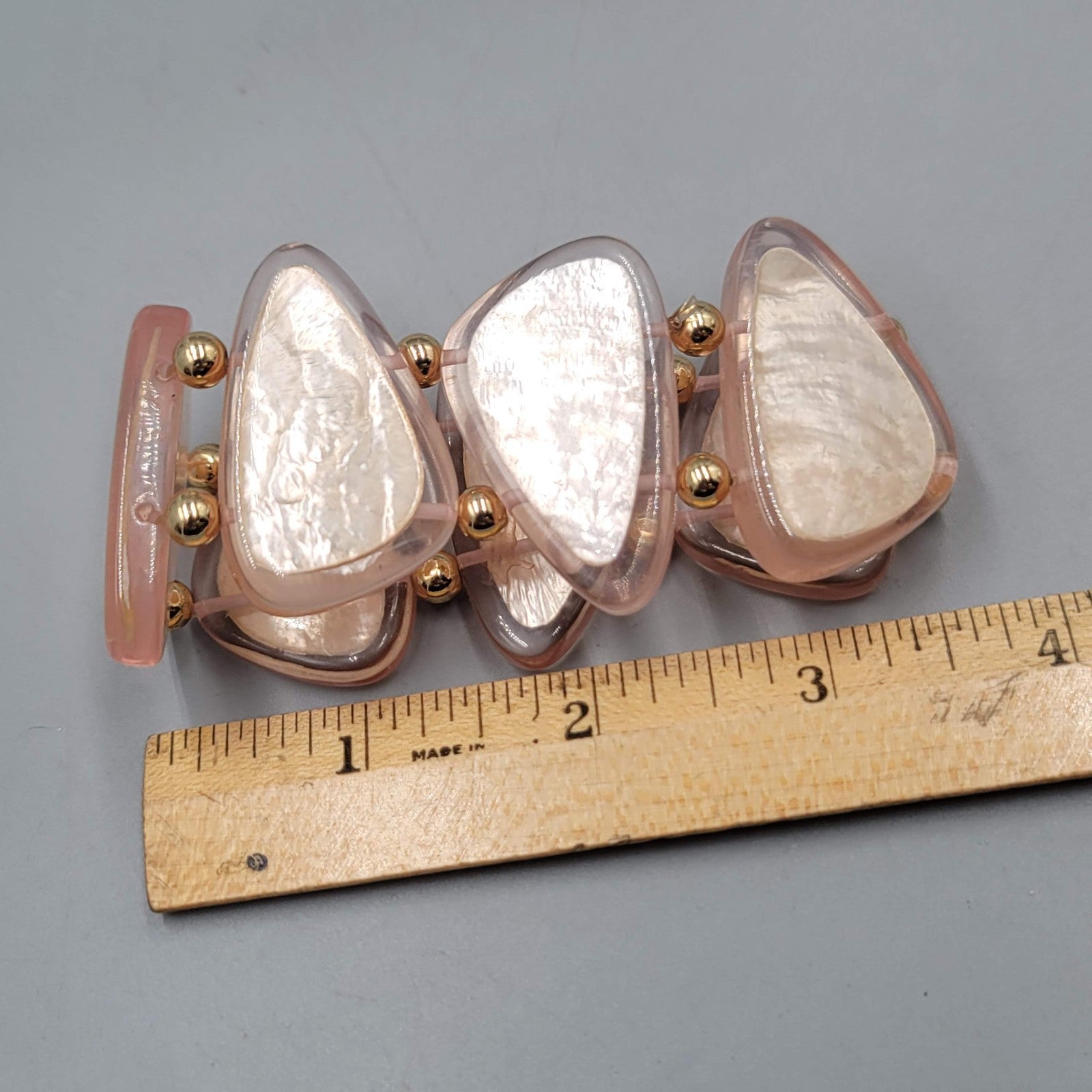 Large Pink Acrylic Statement Bracelet Gold tone Spacer Beads 6.5"