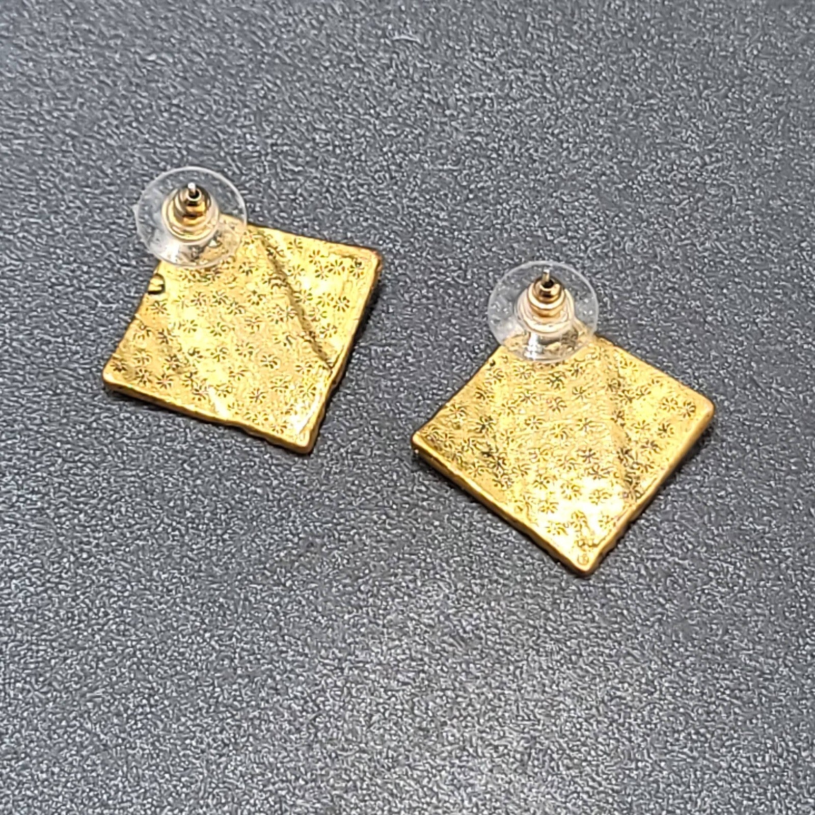 Pierced Earrings Antiqued Gold tone Brutalist Square Drop 1"