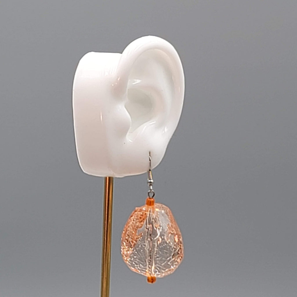 Peach Crackle Large Statement Bead Pierced Earrings Silver tone Dangle 1.5"