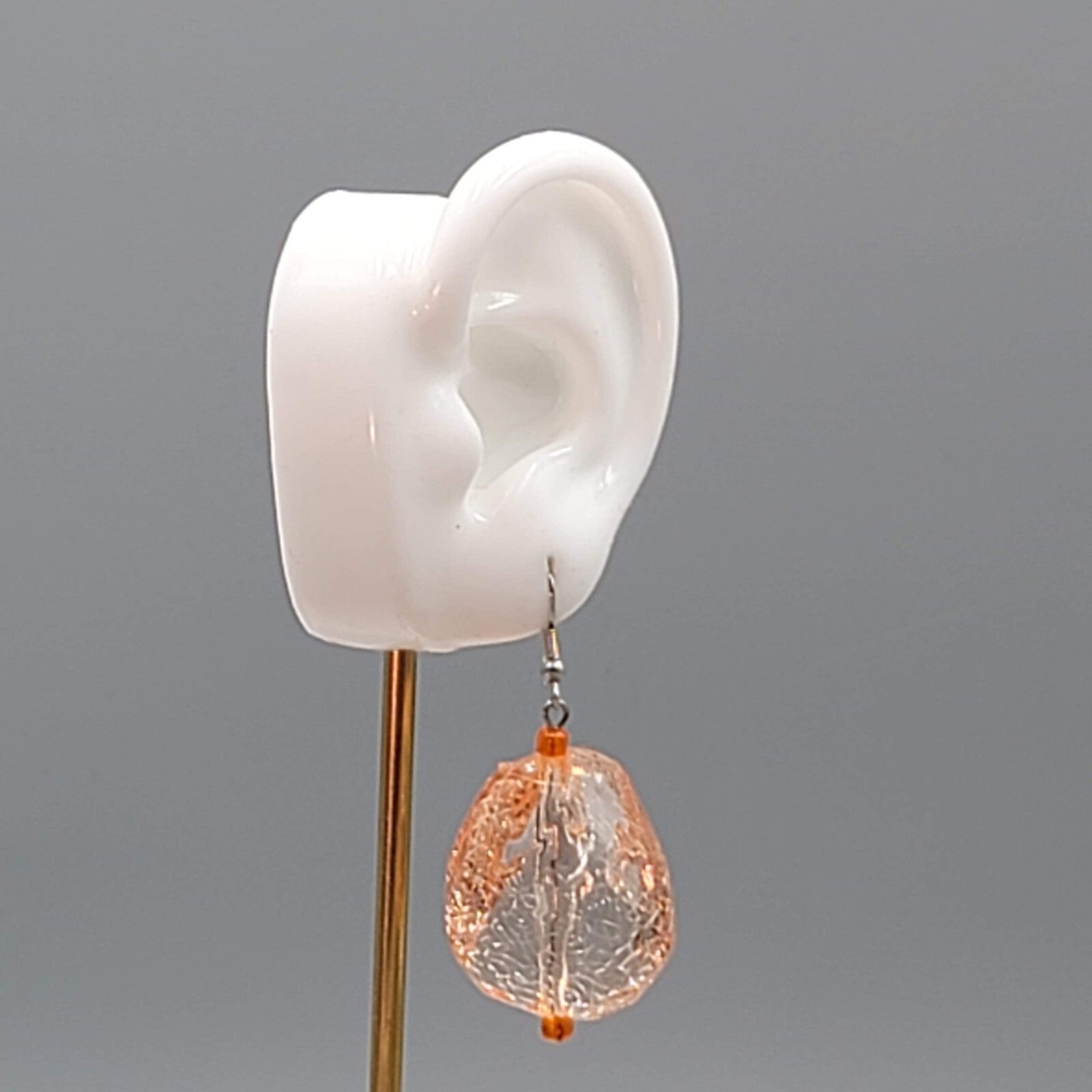 Peach Crackle Large Statement Bead Pierced Earrings Silver tone Dangle 1.5"
