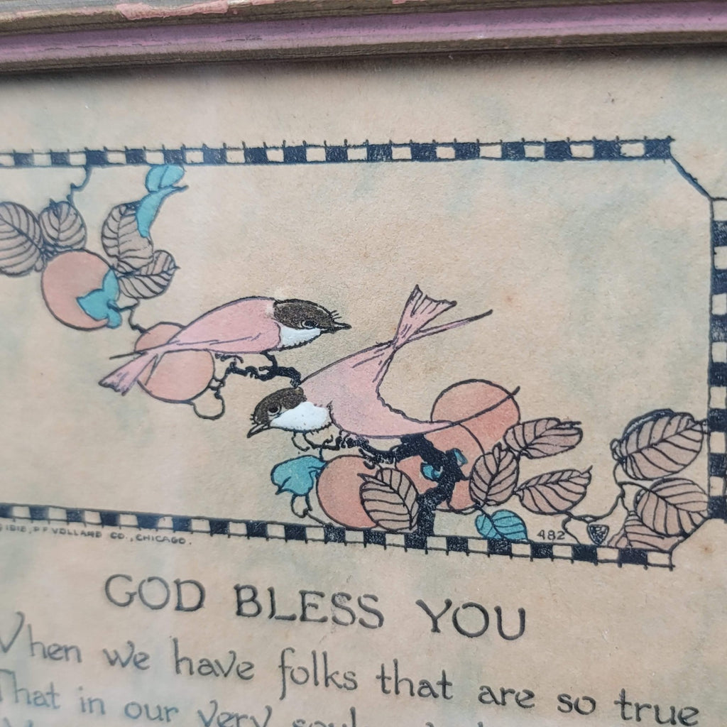 Vintage Ephemera Framed Wilbur Nesbit Birds Gold Bless You Prayer 6.5"x5.5"