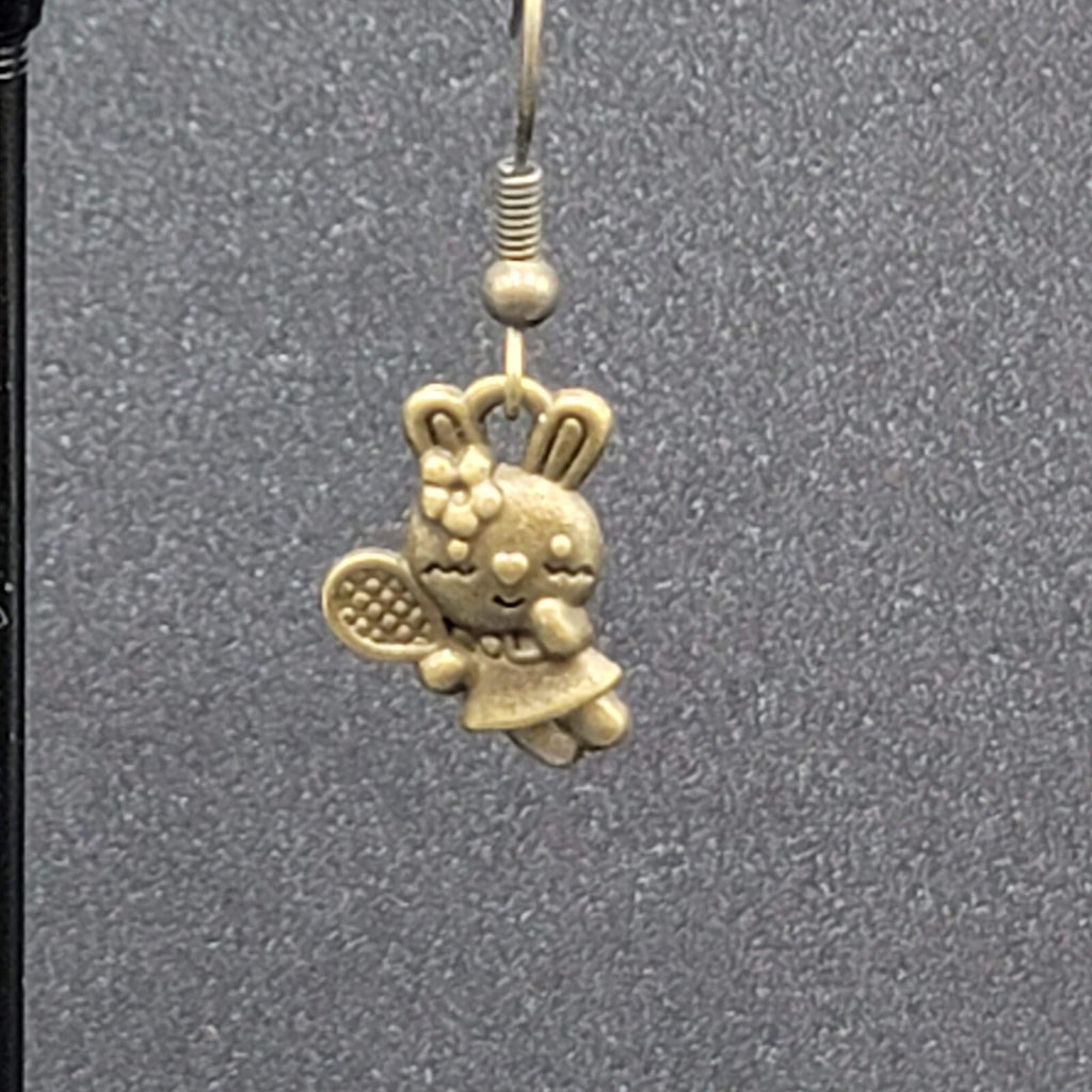 New Pierced Earrings Bronze tone Bunny Rabbit Tennis Dangle 5/8"