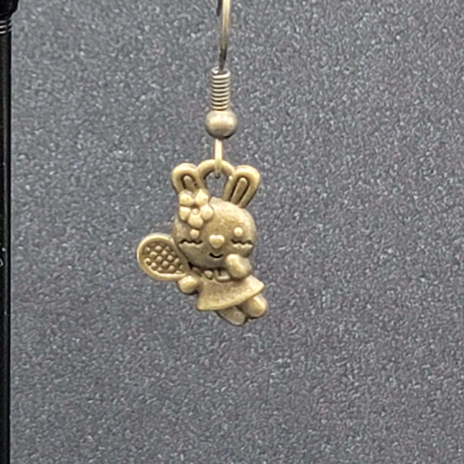 New Pierced Earrings Bronze tone Bunny Rabbit Tennis Dangle 5/8"