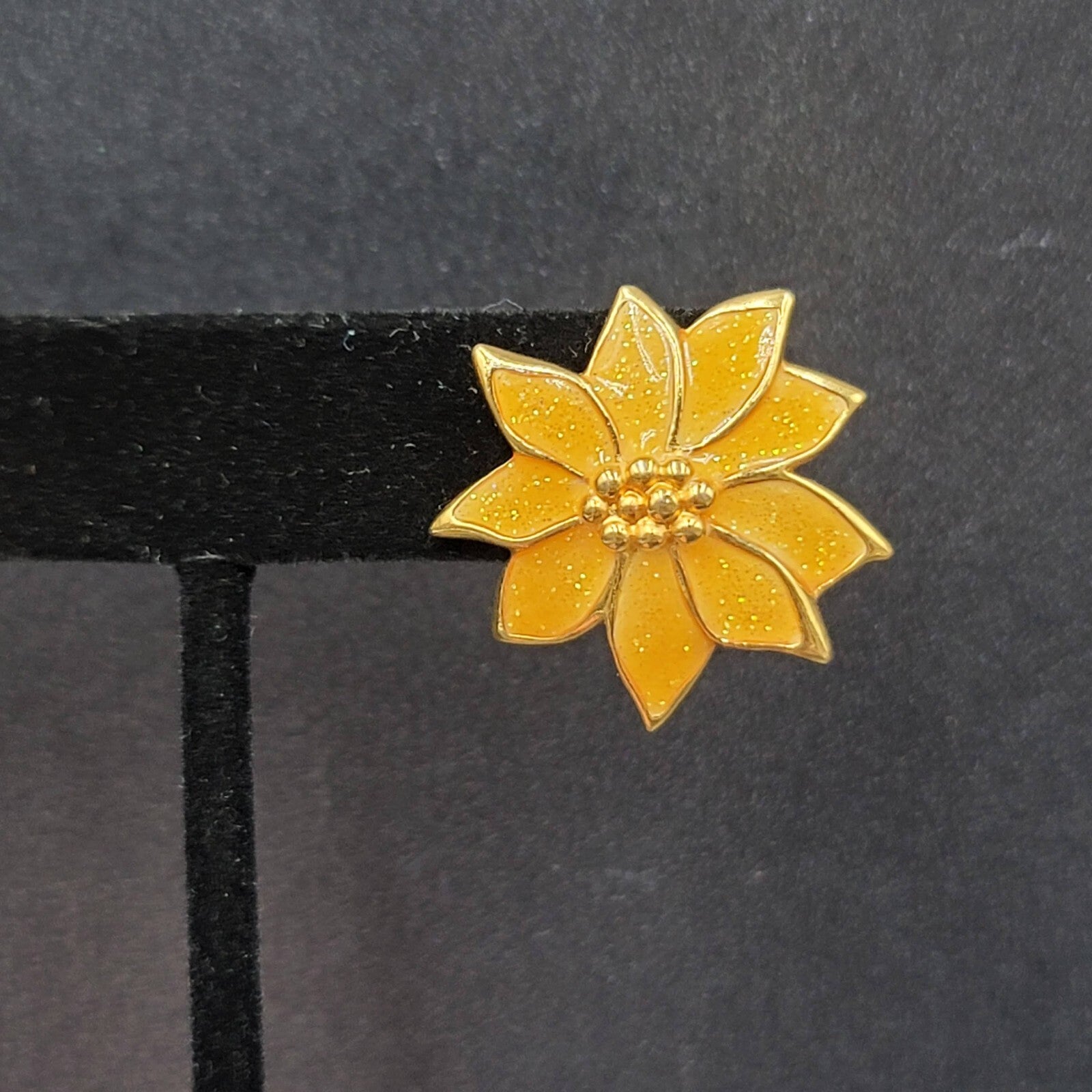 Vintage Pierced Earrings Yellow Enamel Poinsettia Flower Drop 1"