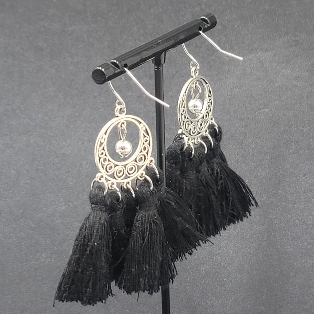 Pierced Earrings Silver tone Black String Tassel Dangle 2.25"